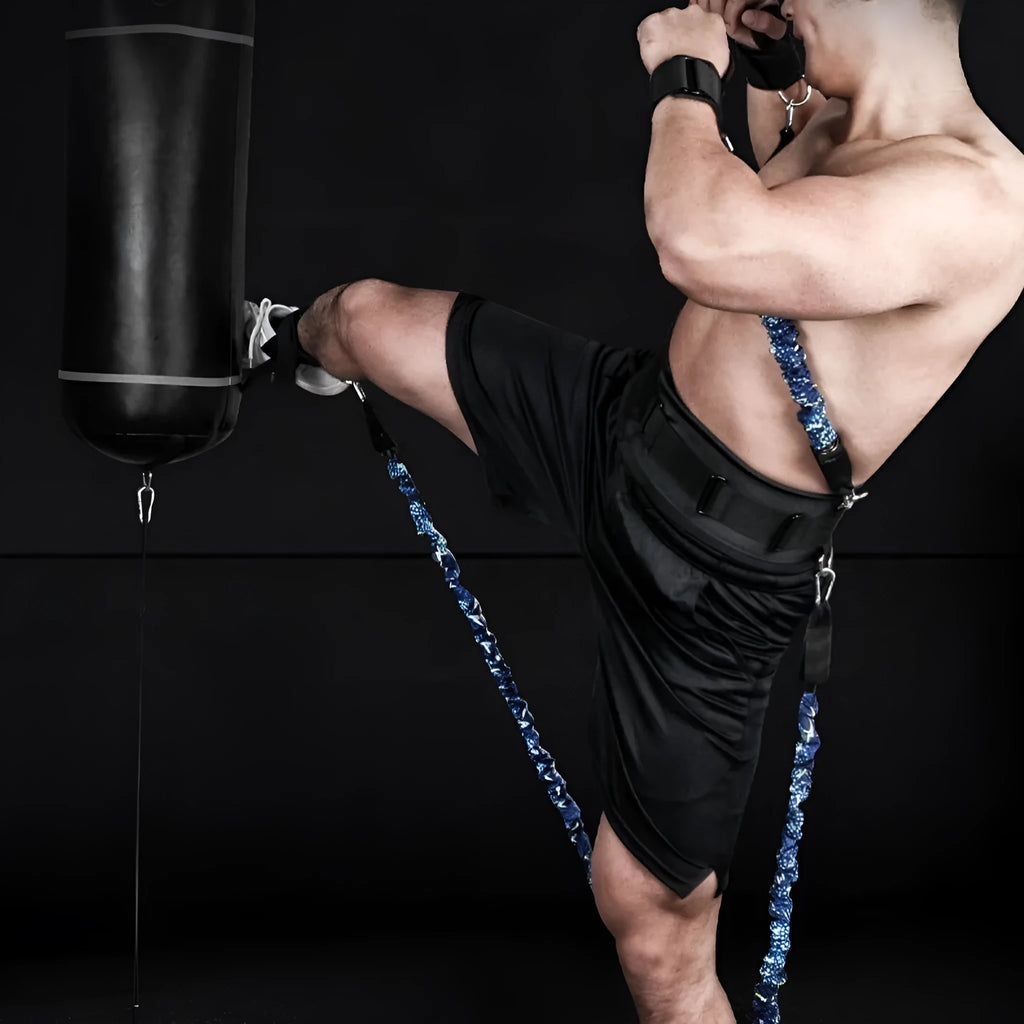 TPE chest expander elastic belt with red, blue, black and green sleeves indicating different resistance levels
