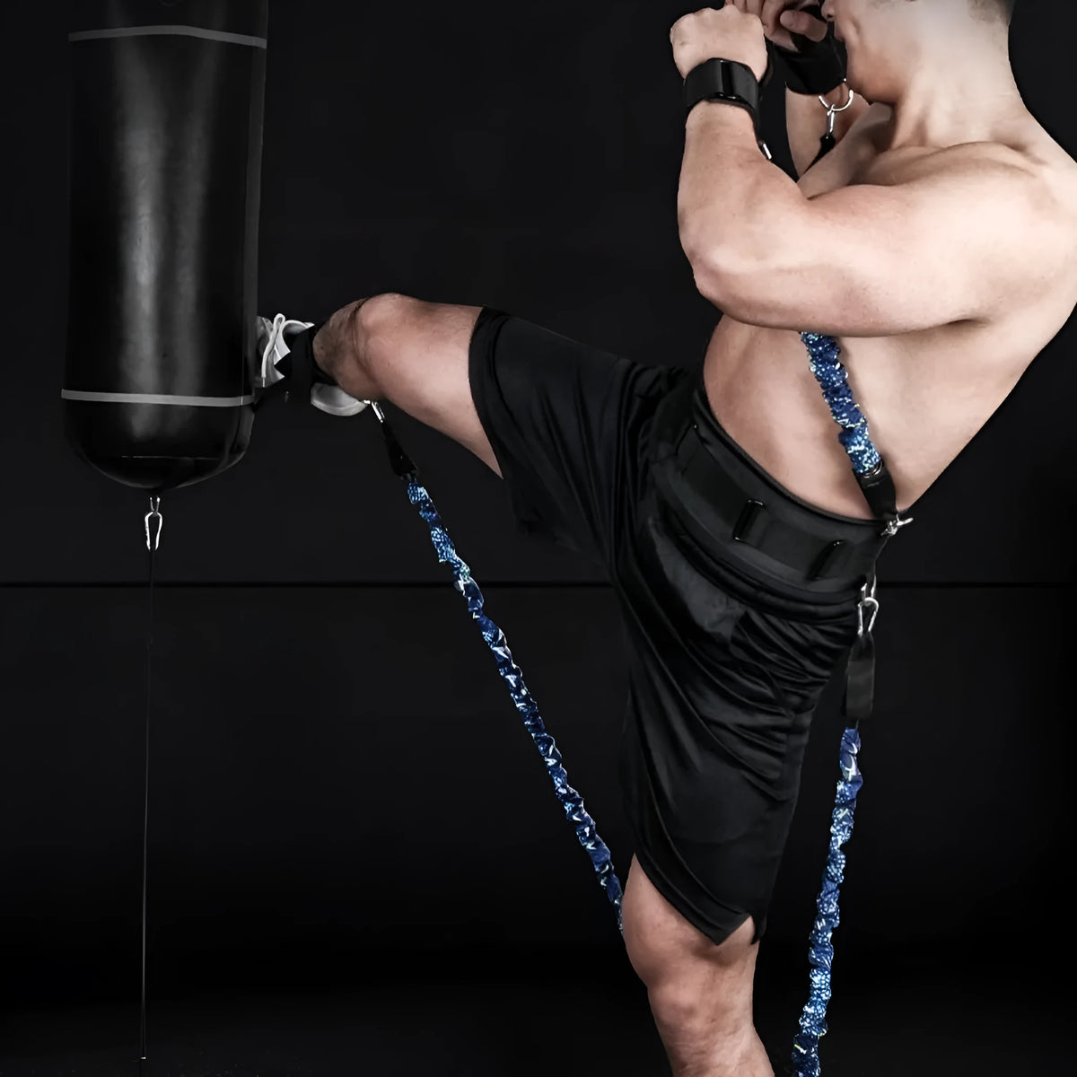 TPE chest expander elastic belt with red, blue, black and green sleeves indicating different resistance levels