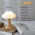 Mushroom-shaped touch control night lamp in wood grain colour on a table.