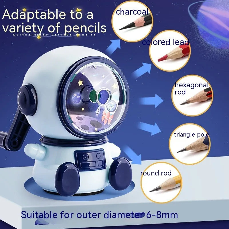 Blue cartoon astronaut manual pencil sharpener for children on a desk