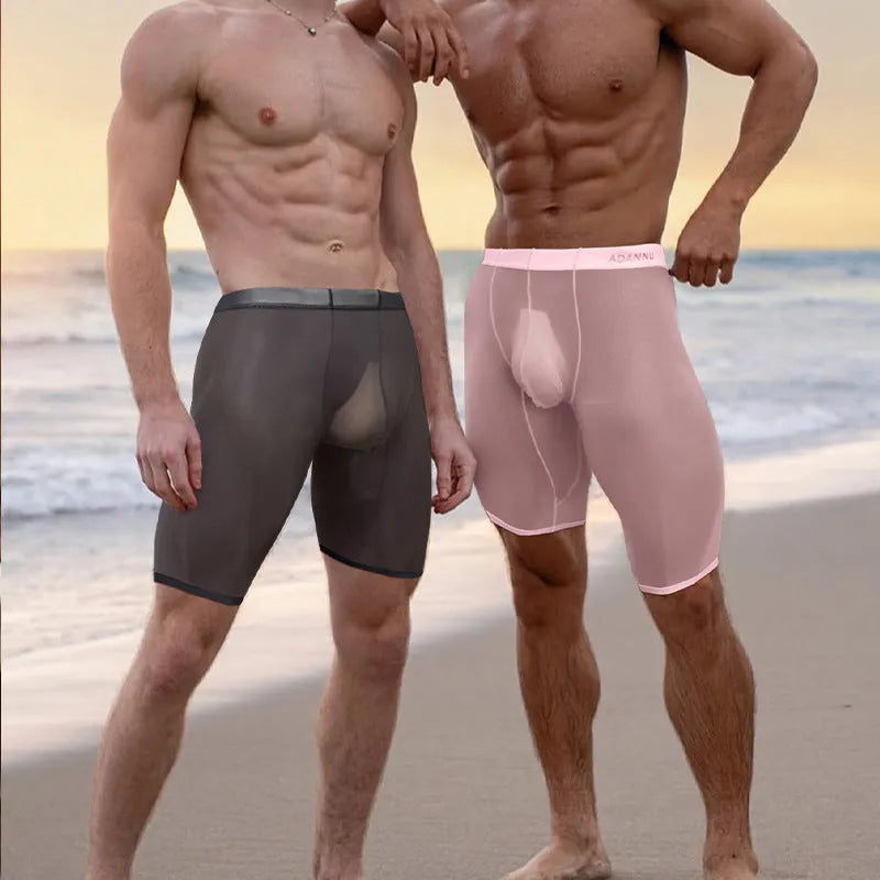 Men's mesh home shorts in black nylon fabric with seamless construction and hip-lifting design