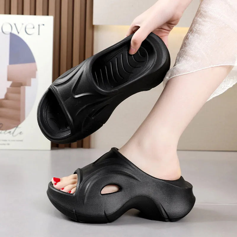 Women's EVA slippers with thick sole in black, rose red or white colours on beach background