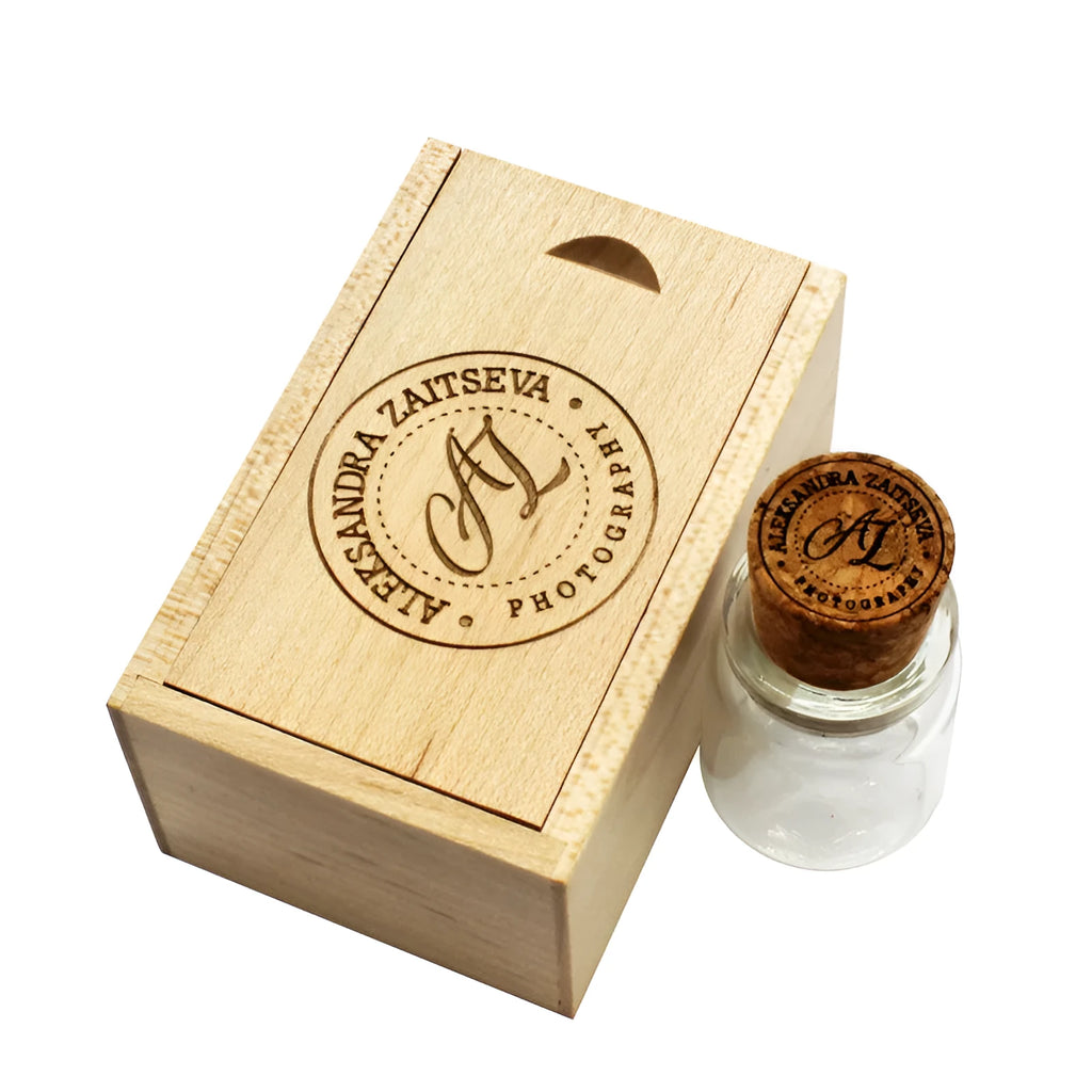 Personalised wooden USB flash drive with custom driftwood bottle storage disk design in chocolate brown
