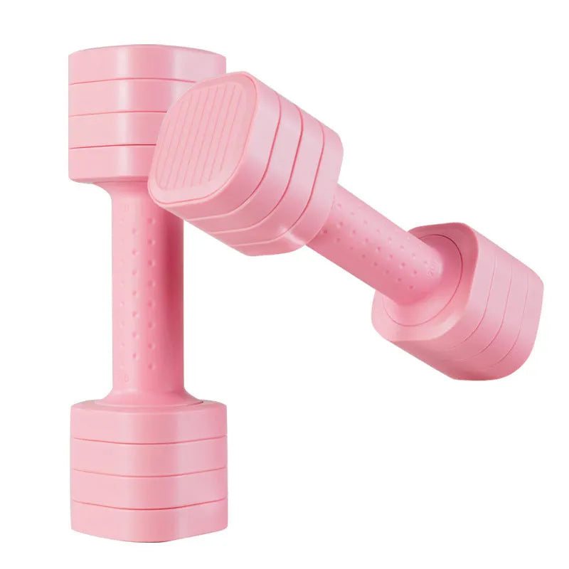 Pink and blue detachable dumbbell set for women's fitness on a plain background.