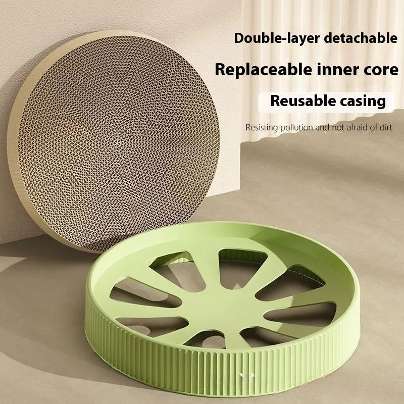 Green and white round cat scratching board measuring 55cm with replaceable corrugated cardboard scratching surfaces