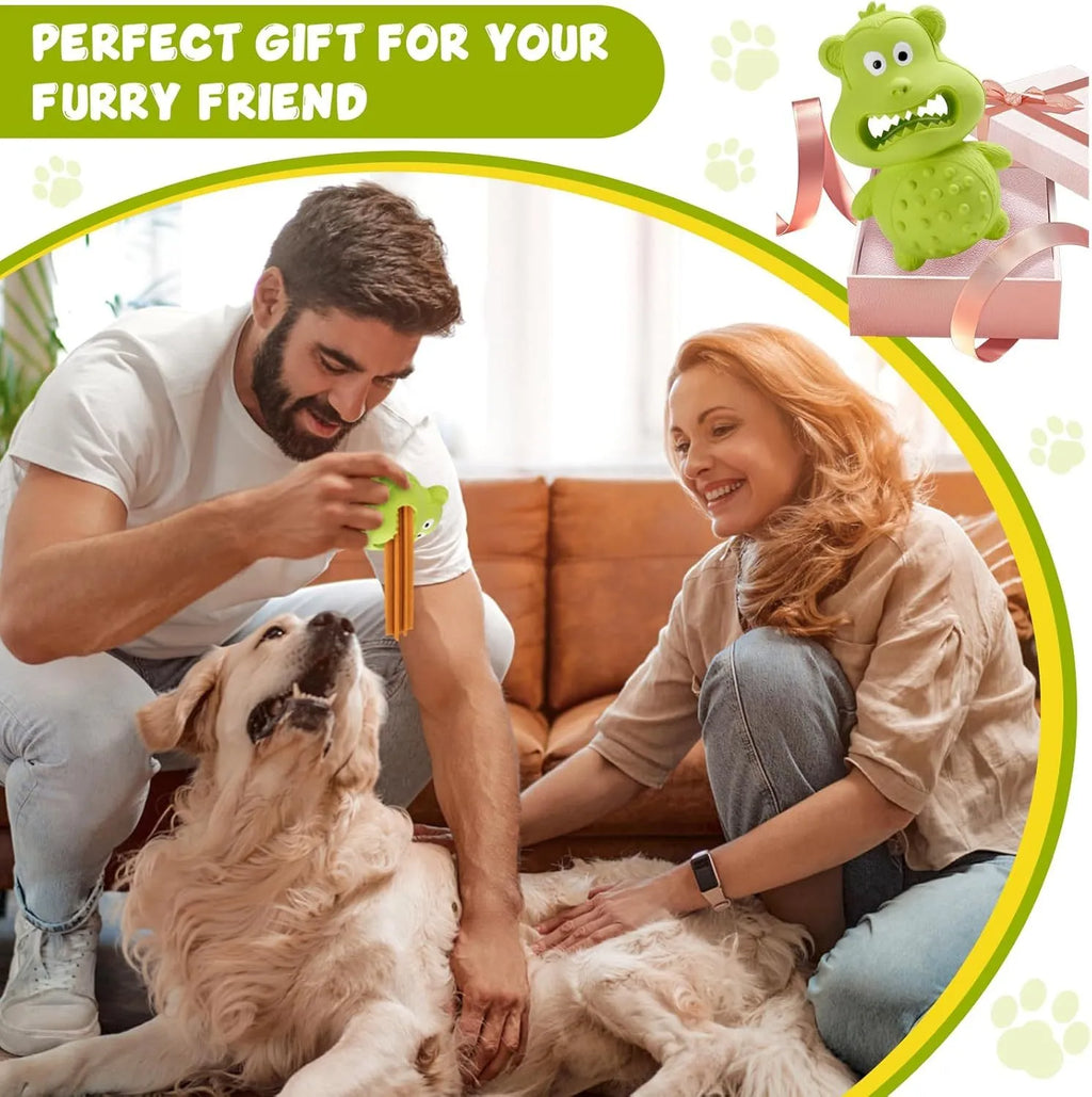 Green and yellow natural rubber squeaky dog toy for aggressive chewing dogs.