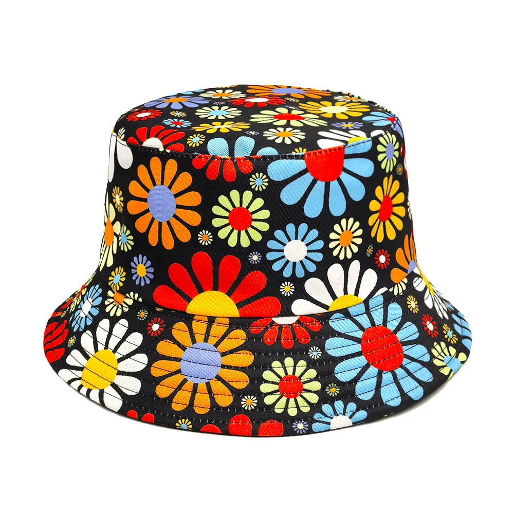 Colourful flower pattern polyester bucket hat with dome crown