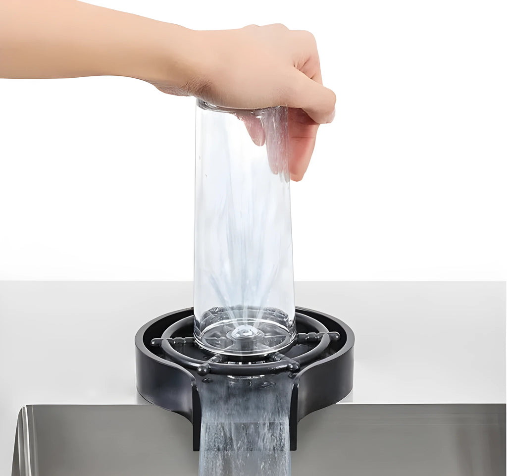 Black high-pressure automatic stainless steel glass washer with ABS base and copper hose.
