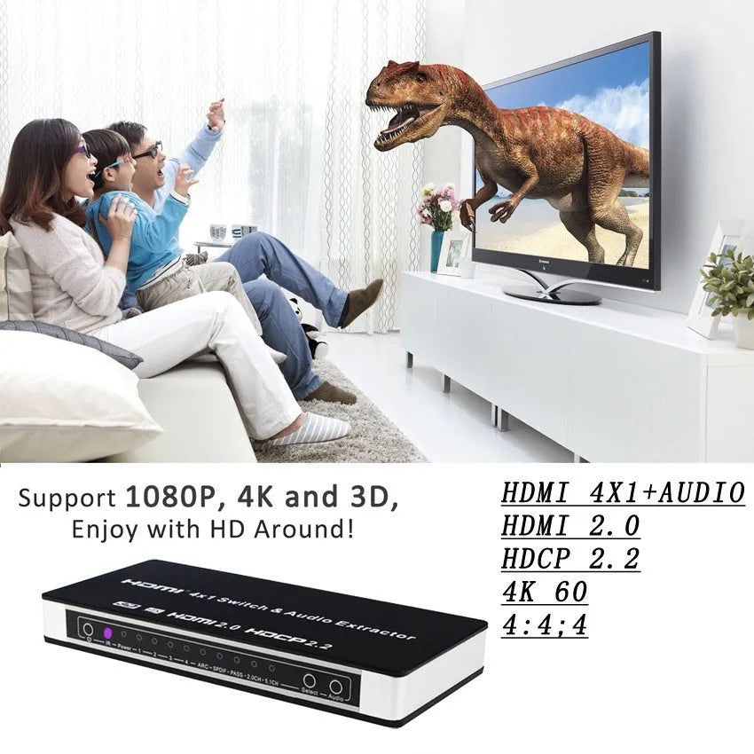 Black HDMI switch unit with remote control for 4-input 1-output video switching with audio separation