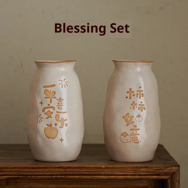 Chinese hand-painted ceramic joy vase with auspicious symbols on 8cm diameter base for desktop display