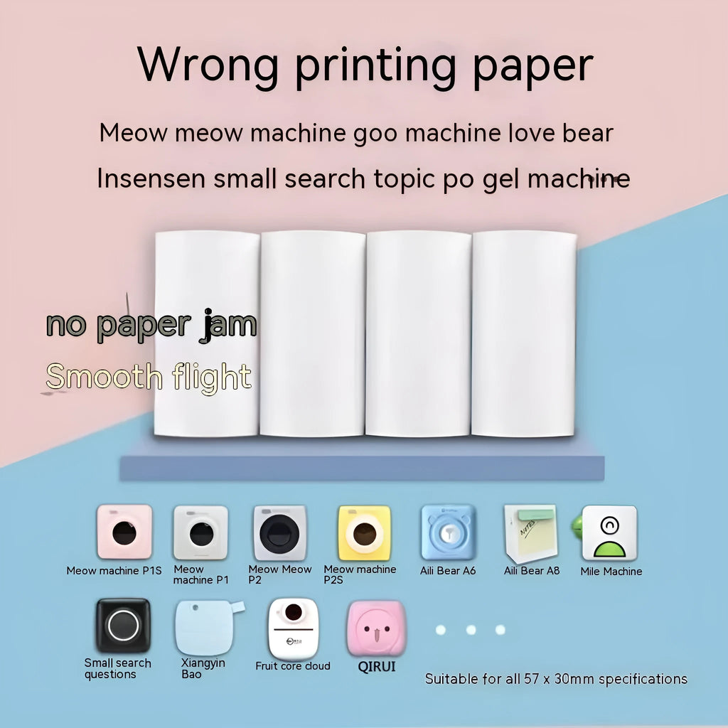 Box of 57x30 mm pink, yellow, and blue thermal paper rolls for receipts and student notebooks