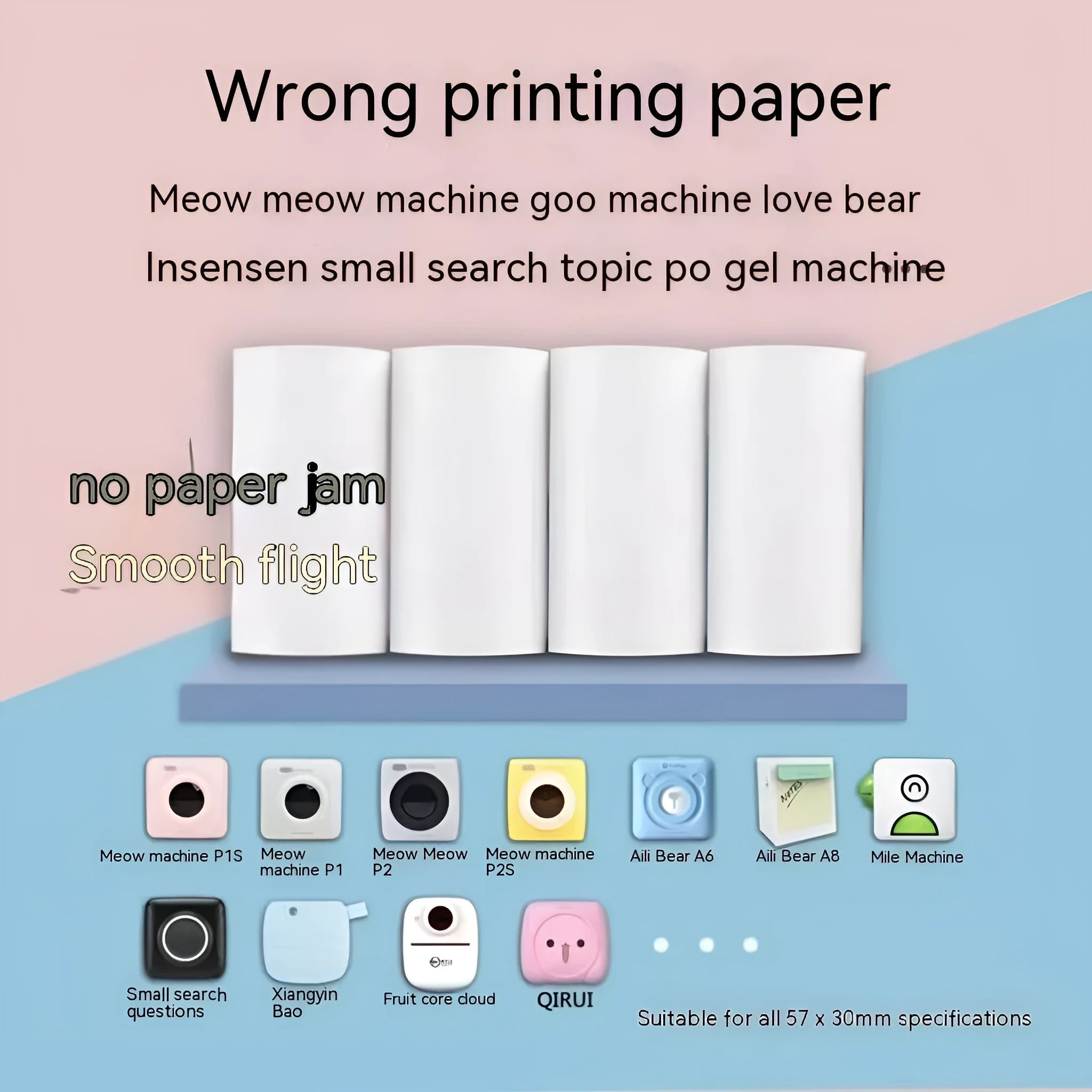 Box of 57x30 mm pink, yellow, and blue thermal paper rolls for receipts and student notebooks