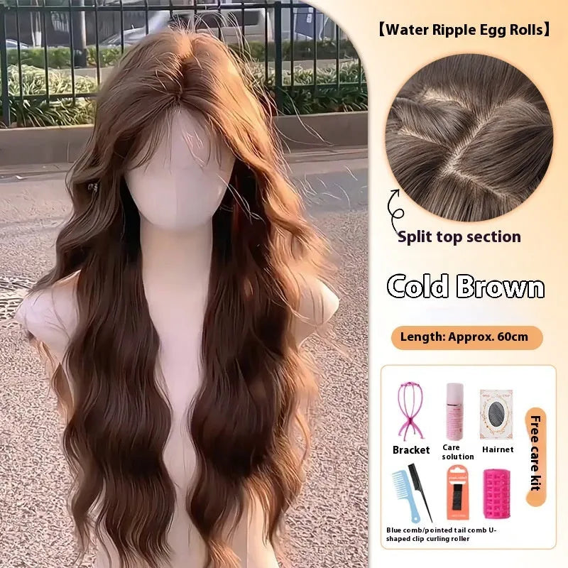 Women's full-head wig with long curly artificial hair and side bangs in brown black colour