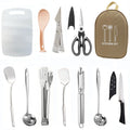 Portable picnic kitchenware storage bag containing 12 stainless steel utensils in khaki colour
