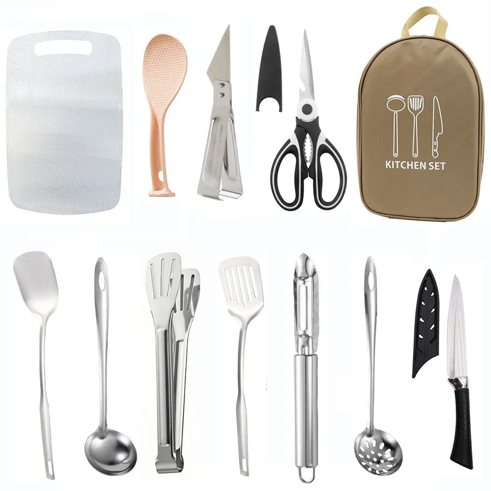 Portable picnic kitchenware storage bag containing 12 stainless steel utensils in khaki colour
