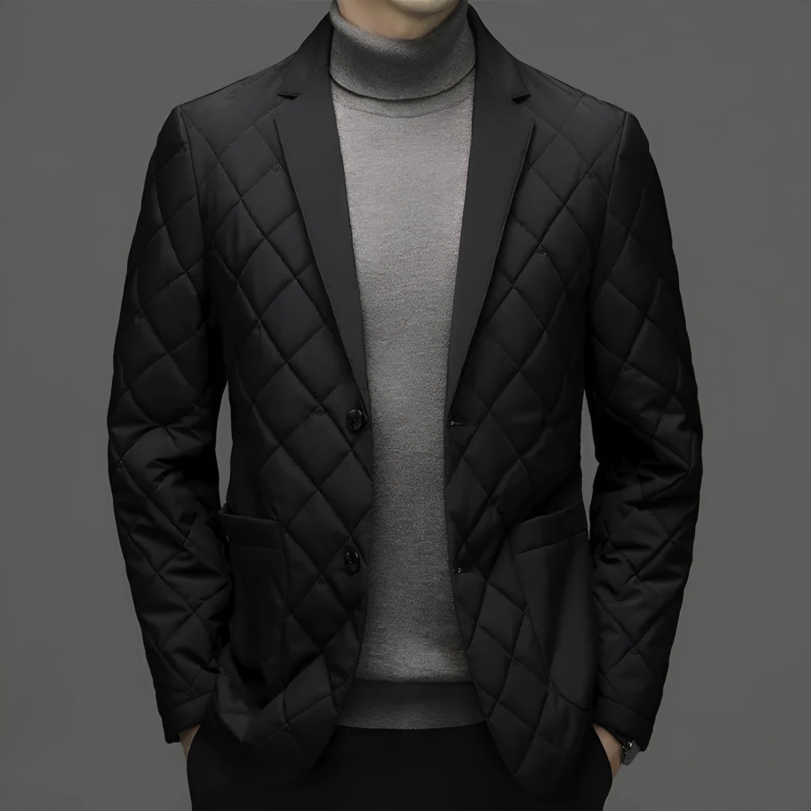 Men's black thick down jacket with lapel collar and side seam pockets, cardigan style.
