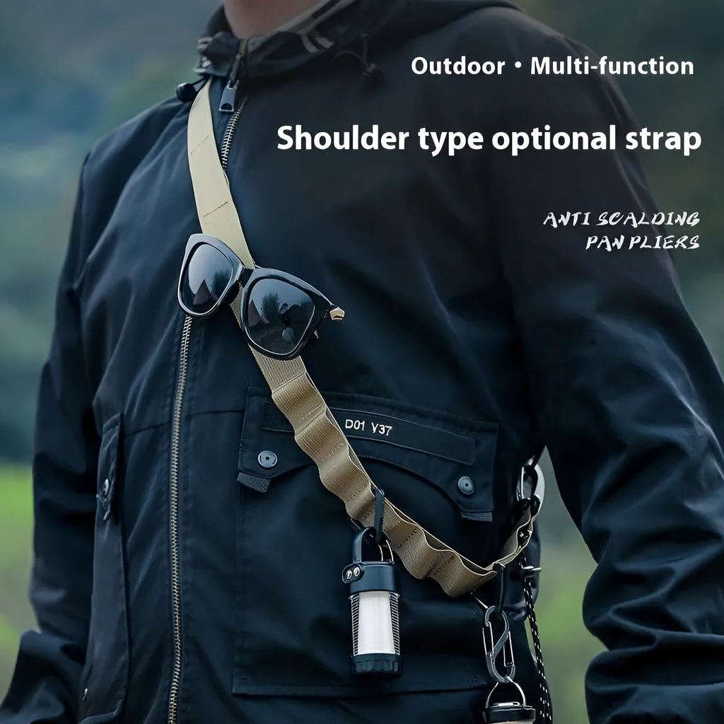 Outdoor hanging storage belt with aluminium hooks and 130cm polyester strap in black colour