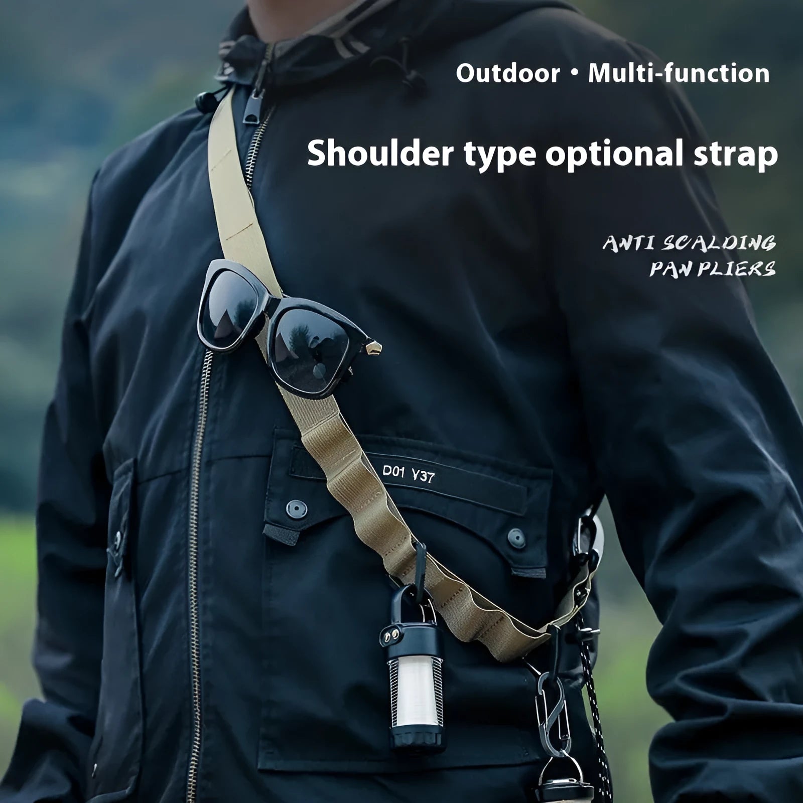 Outdoor hanging storage belt with aluminium hooks and 130cm polyester strap in black colour