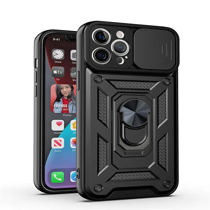 Sergeant sliding window magnetic phone case in blue, shown with bracket extended, for iPhone models.