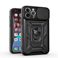 Sergeant sliding window magnetic phone case in blue, shown with bracket extended, for iPhone models.