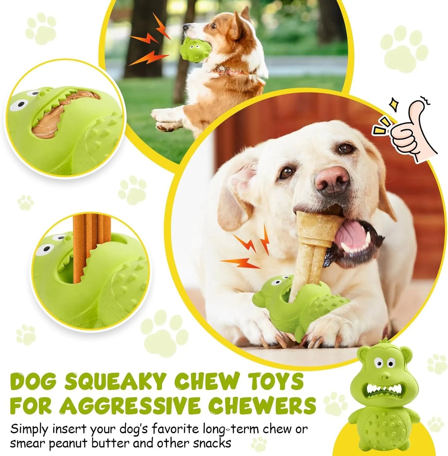 Green and yellow natural rubber squeaky dog toy for aggressive chewing dogs.