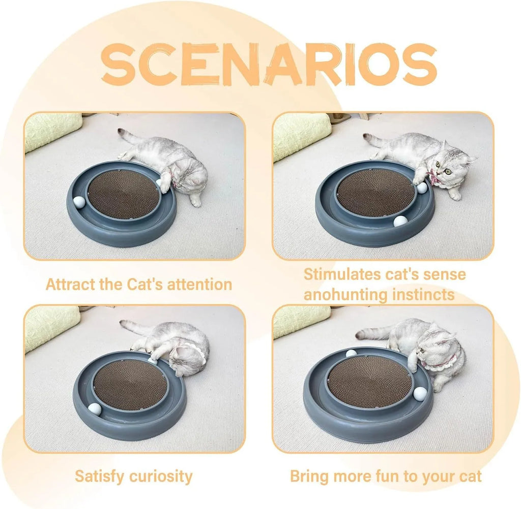 Round cat scratching board with ball track, 16 inch base, 11 inch reversible pad, Blue Gray Green or Purple.