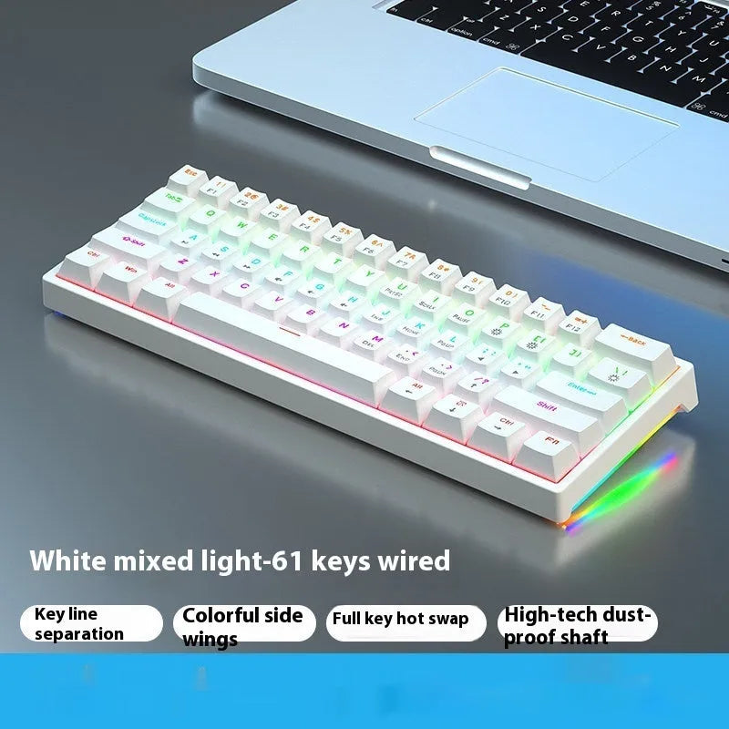 Blue and white 61-key compact mechanical keyboard with hot-swappable switches on black background