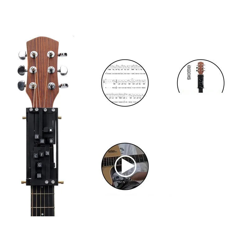 Black guitar chord maker device for auxiliary folk guitar playing and singing practice