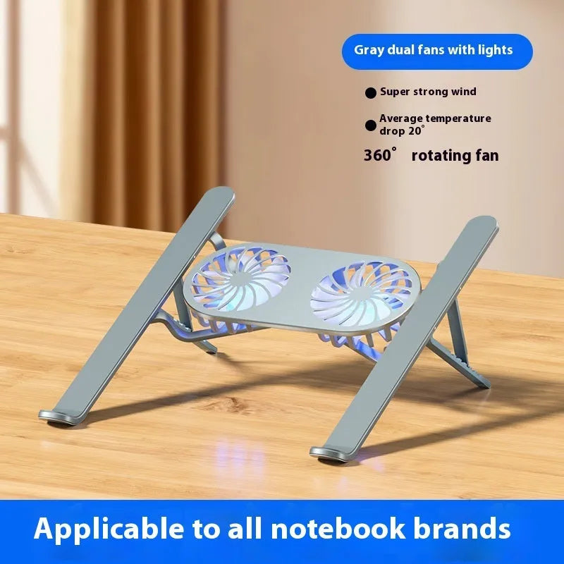 Silver aluminium alloy portable laptop cooling stand with twin fans and adjustable height in folded position