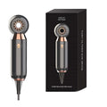 Compact white hair dryer with concentrator attachment showing 20cm height and control buttons