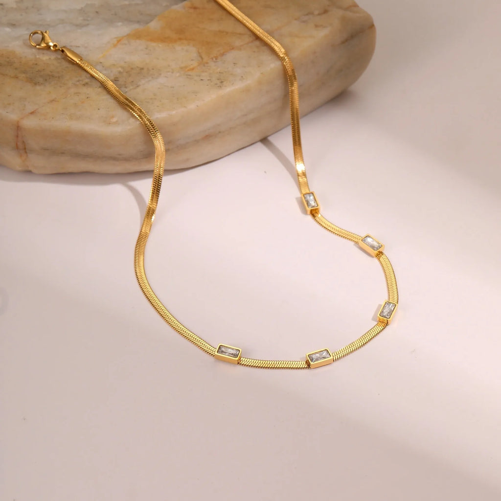 RETRO geometric square zircon stainless steel necklace with flat snake chain in gold or steel colour