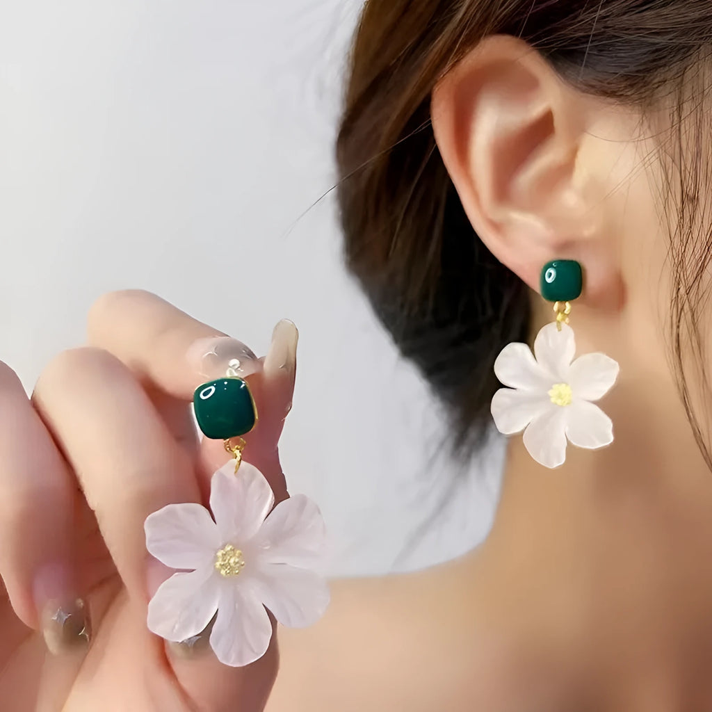 Dark green alloy needle flower dangle drop earrings for women showing sweet floral design details