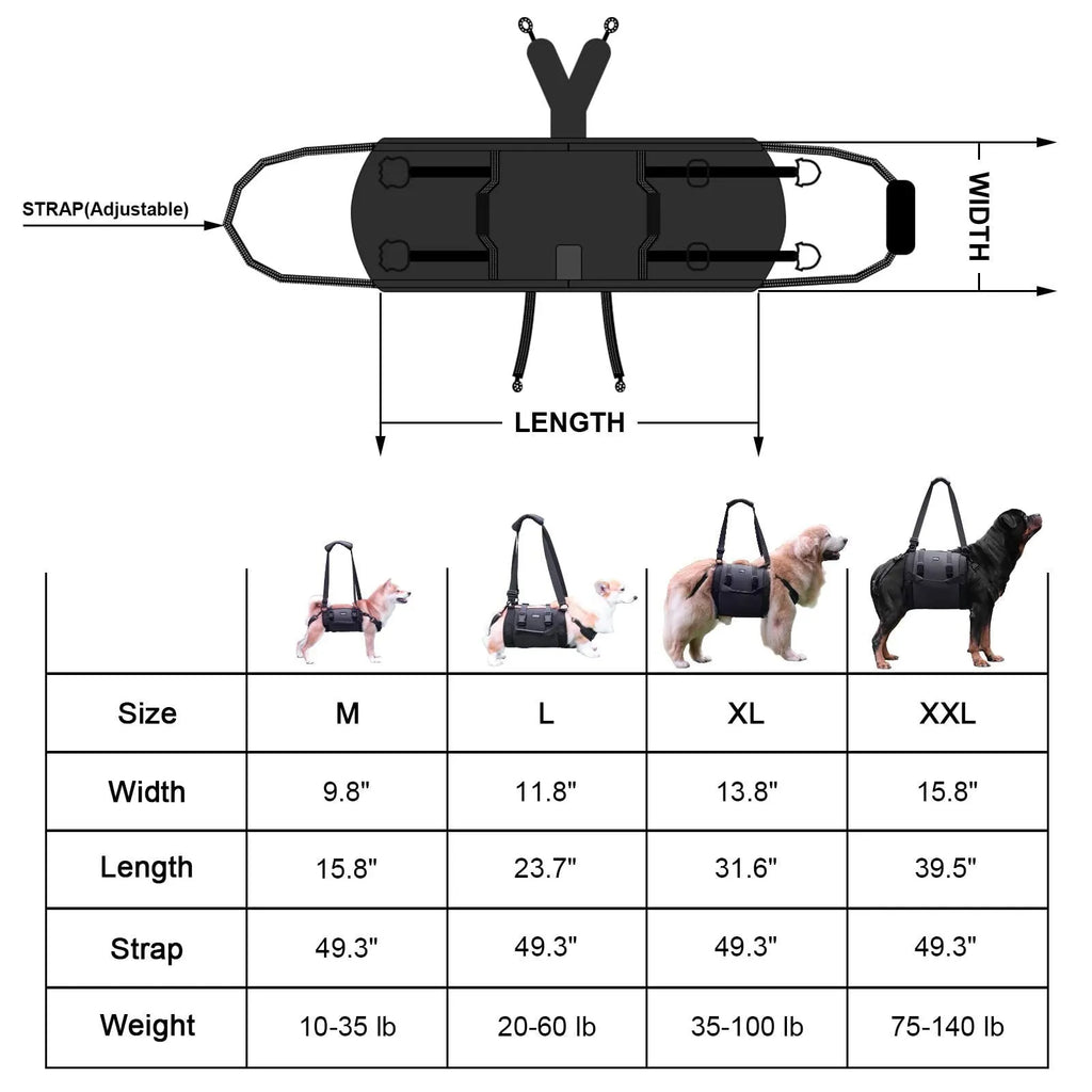 Black oxford cloth dog harness with chest strap and leg support for rehabilitation
