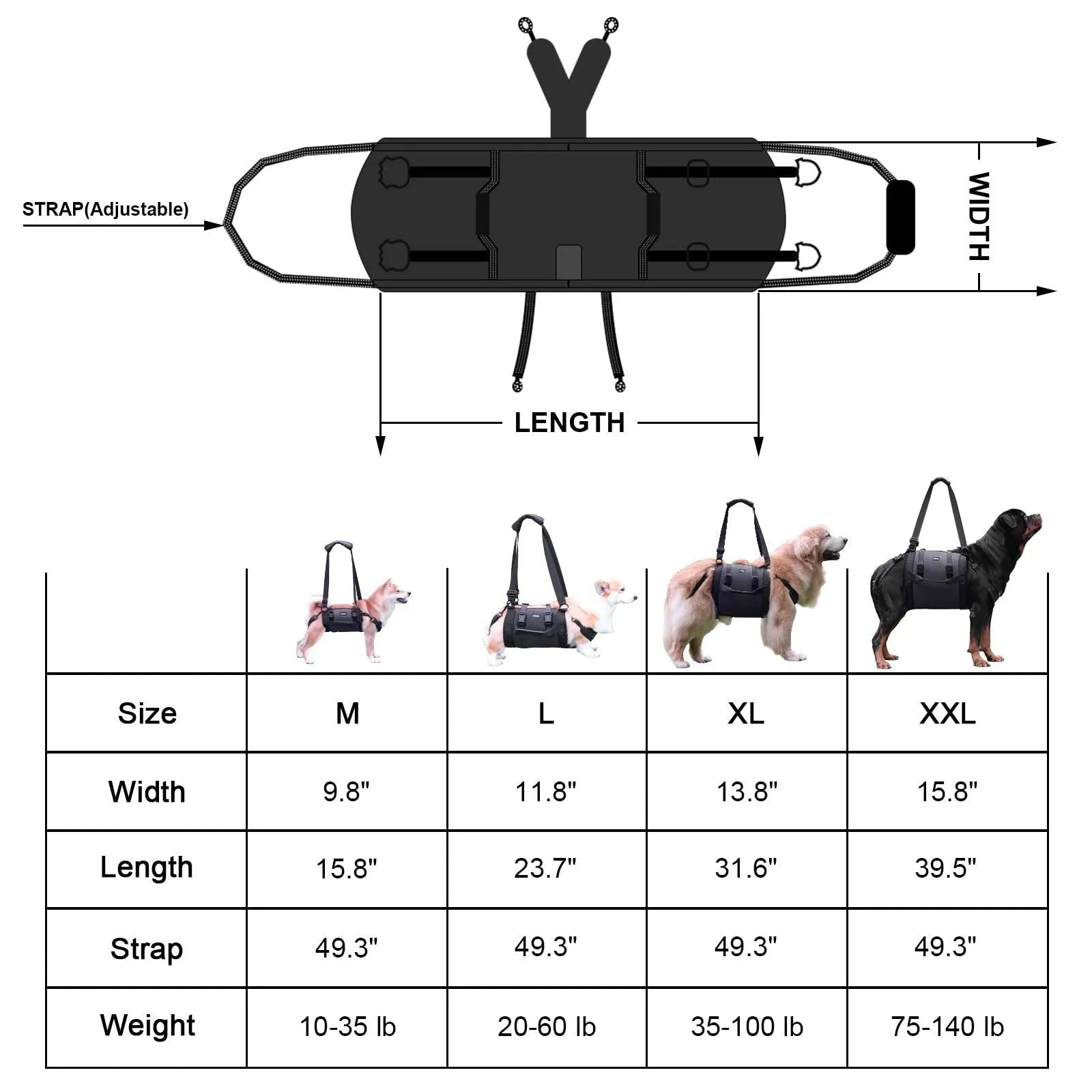 Black oxford cloth dog harness with chest strap and leg support for rehabilitation