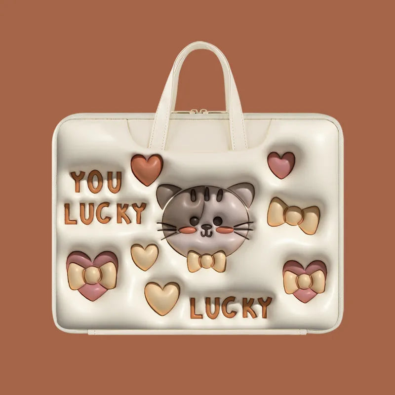 Inflatable PU leather laptop bag with carry strap, shown in a cute panda design.