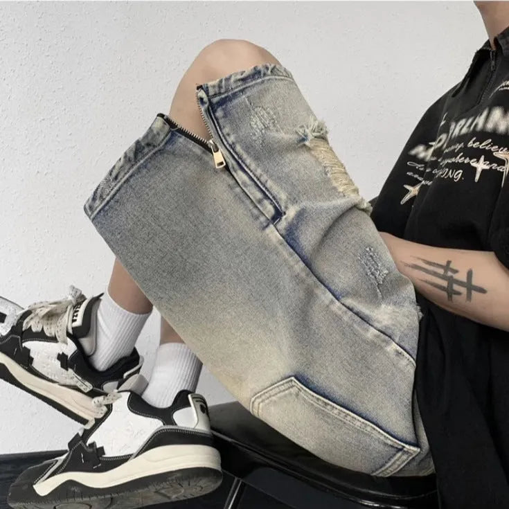 Blue retro tattered denim shorts with wide leg cut and loose fit for women
