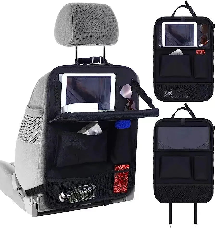 Black Oxford cloth buggy storage bag hanging from car seat back