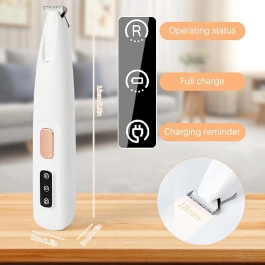White rechargeable electric dog paw trimmer with LED light on a compact body.