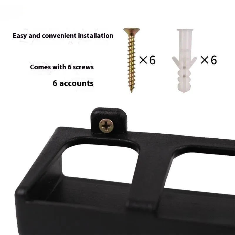 Black ABS plastic wall-mounted fishing rod holder showing horizontal and upright vertical mounting options
