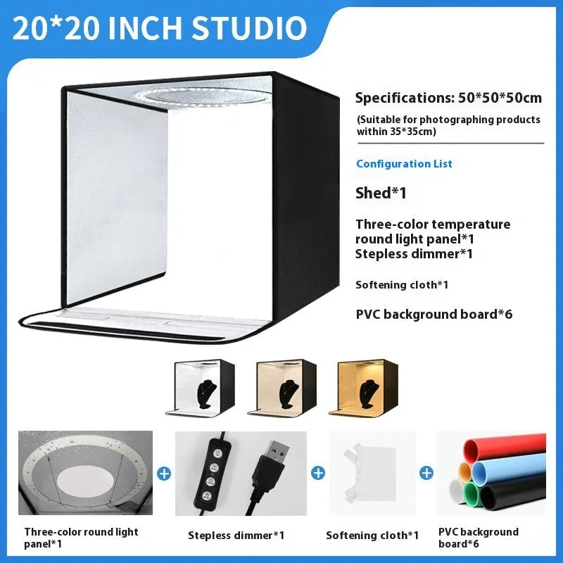 50cm folding studio light box with USB-powered adjustable three-colour lighting for product photography