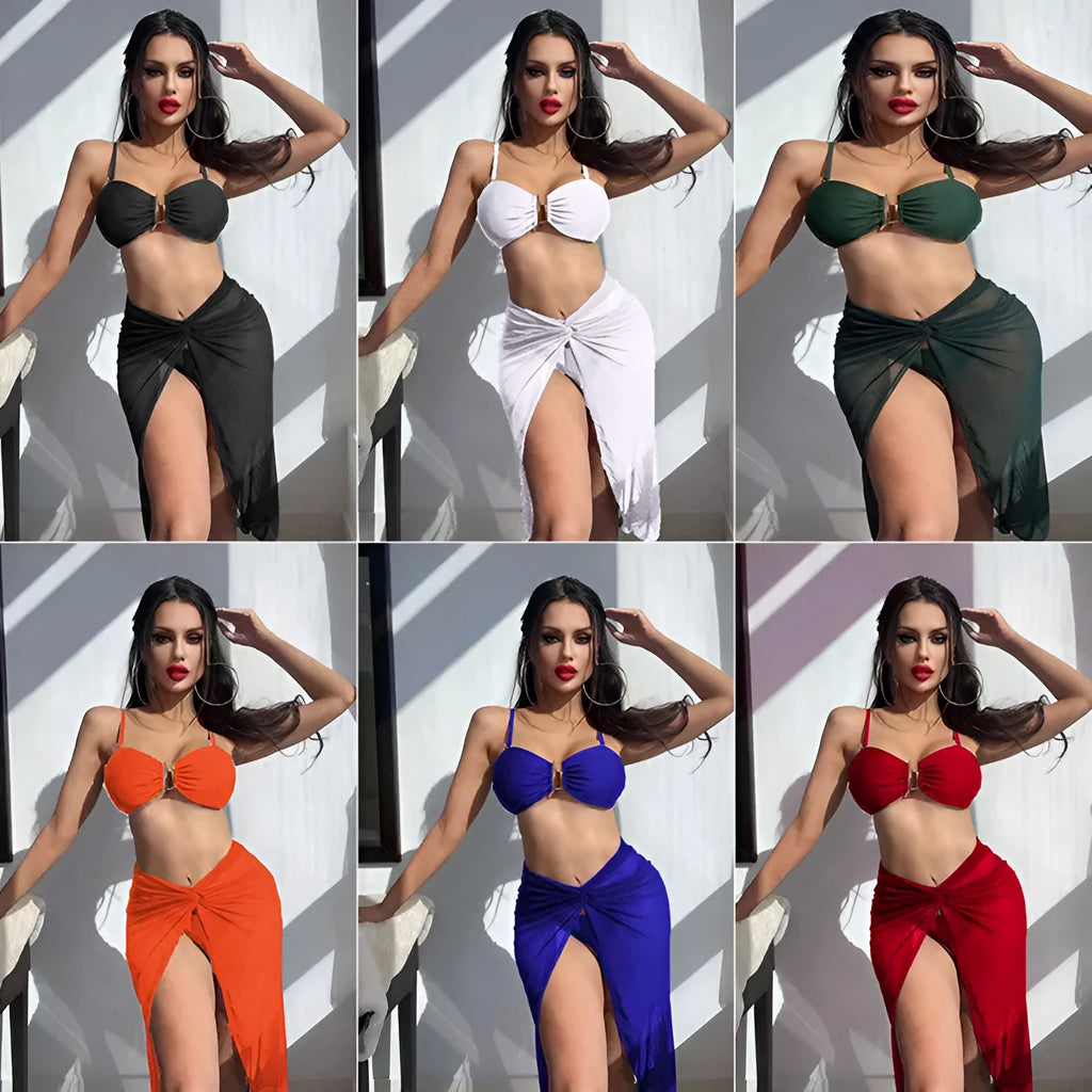 Women's multicolour three-piece bikini set with long culottes in French style design