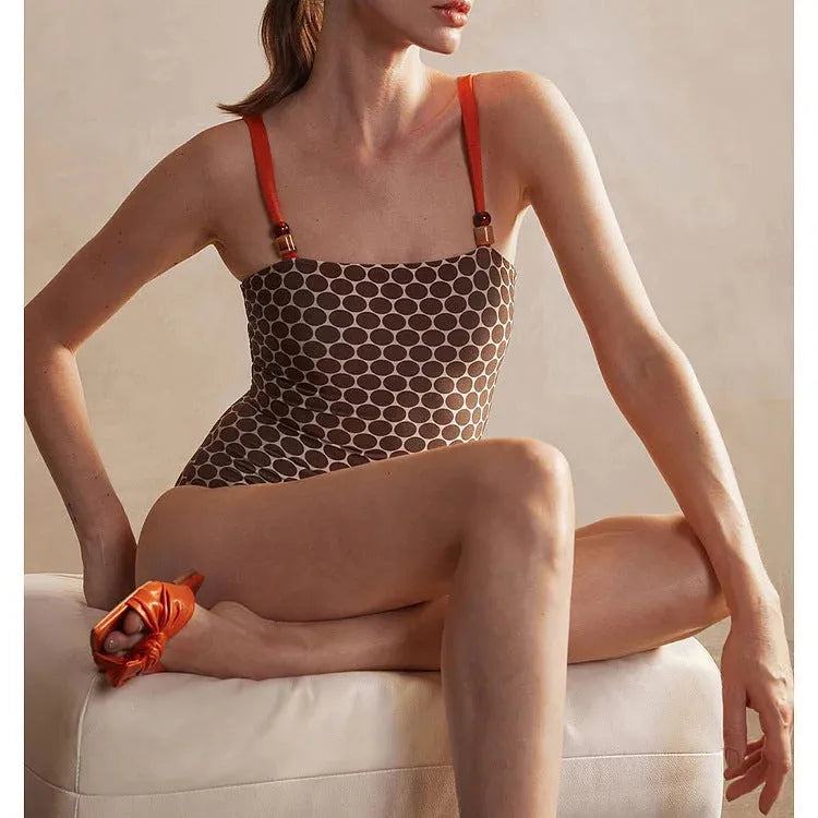 Printed dots pattern one-piece swimsuit with matching wrap skirt set for women