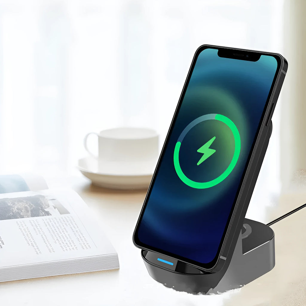Black-grey foldable 3-in-1 wireless charging vertical stand for phones, watches and headphones