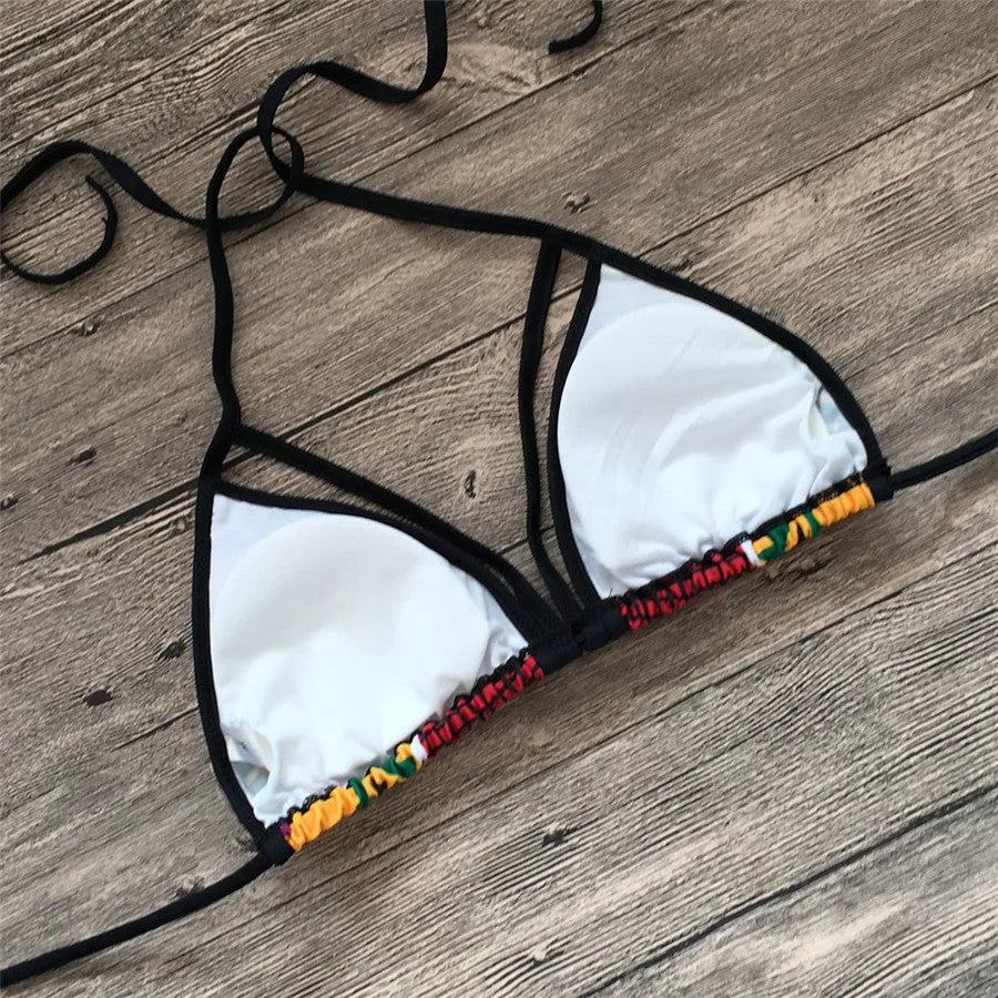 Women's digital print high-waisted bikini swimsuit with backless top and quick-dry fabric.