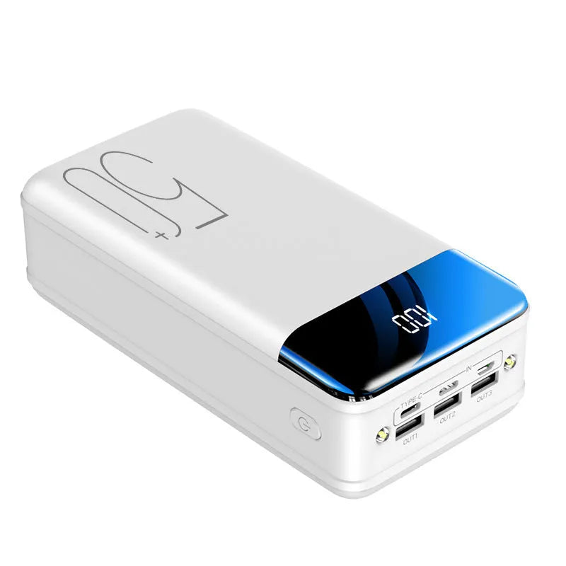 Large 50000 mAh capacity power bank with three USB ports showing black or white colour options
