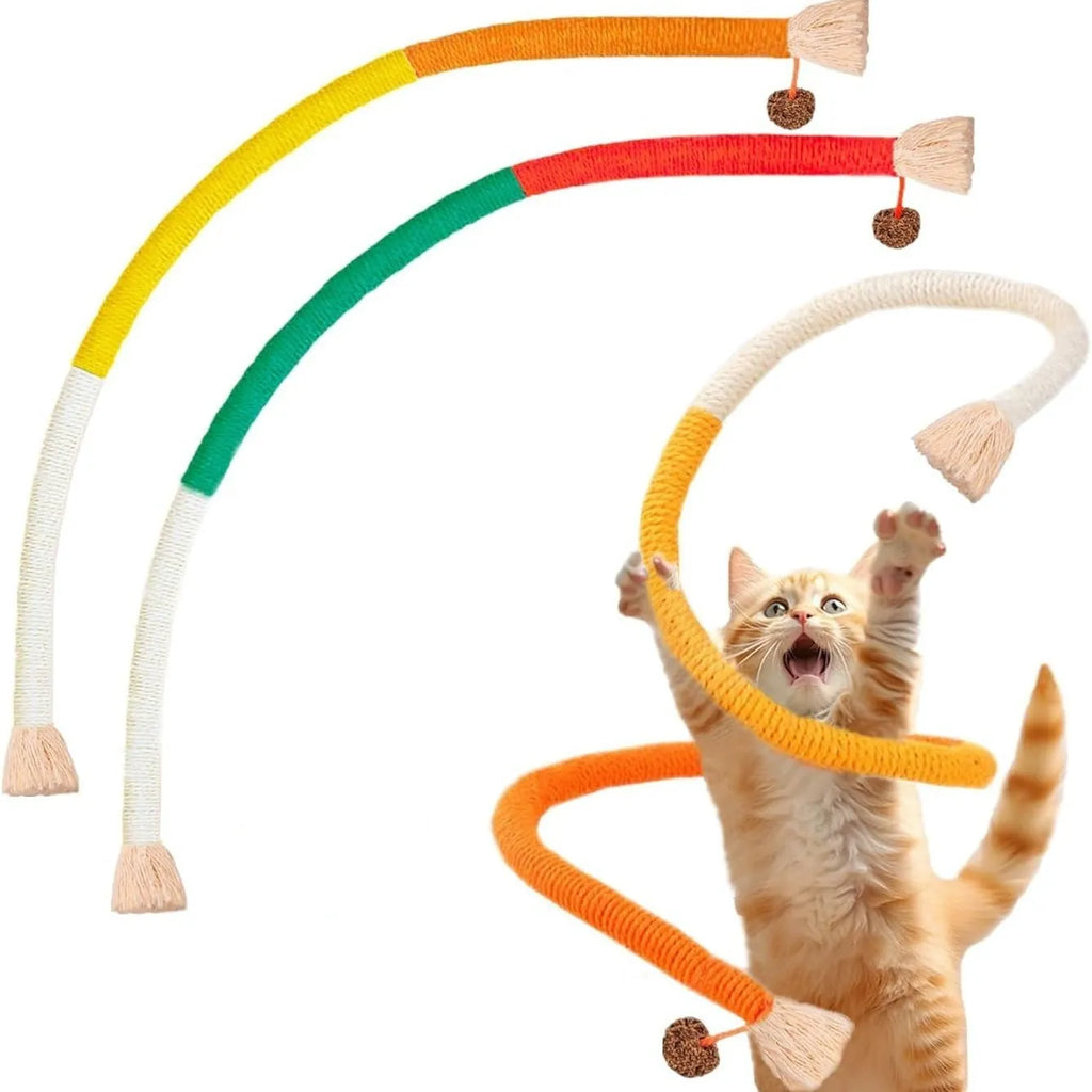 70cm long cotton string cat bite rope toy in three colours: absolute purple, all orange, and red with green