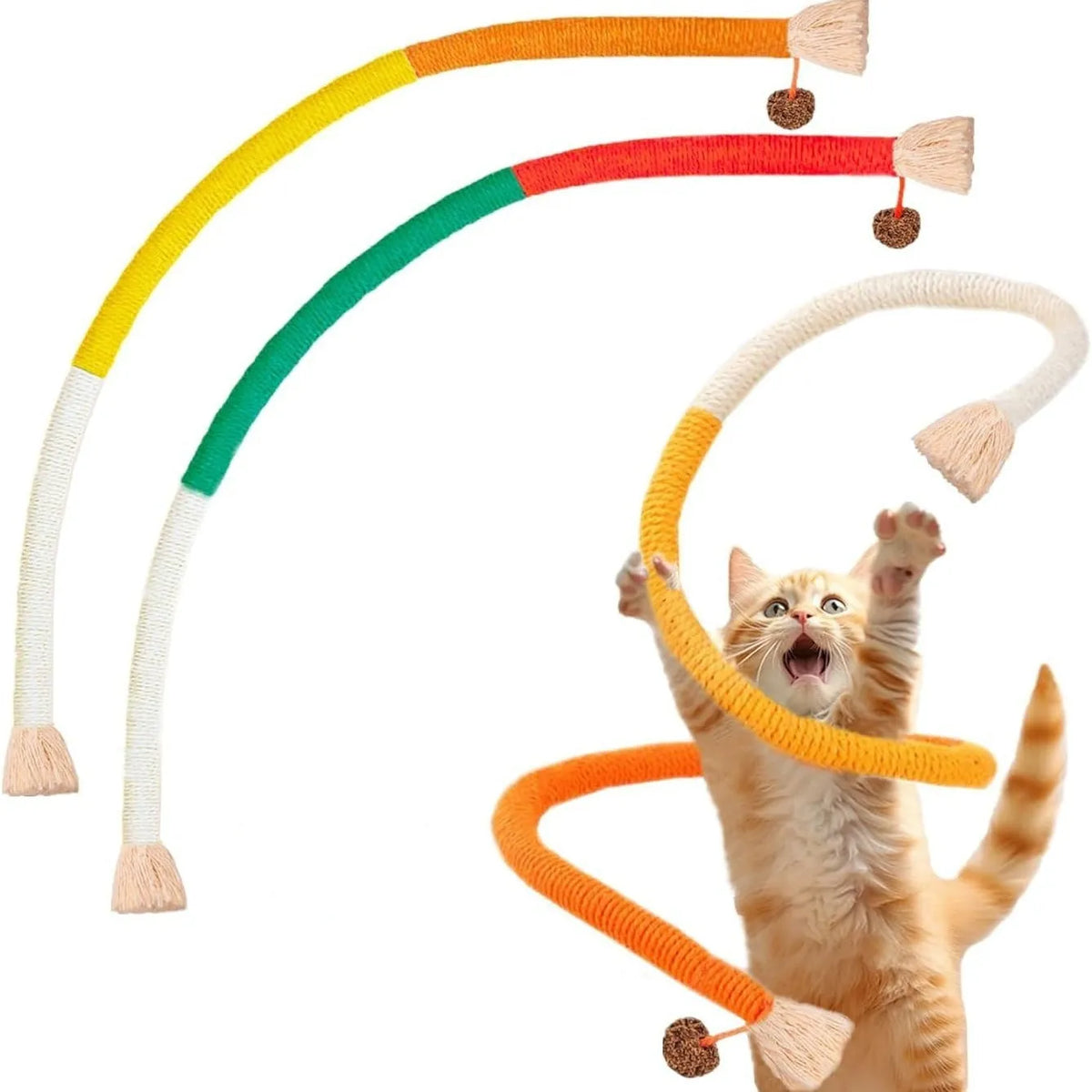 70cm long cotton string cat bite rope toy in three colours: absolute purple, all orange, and red with green