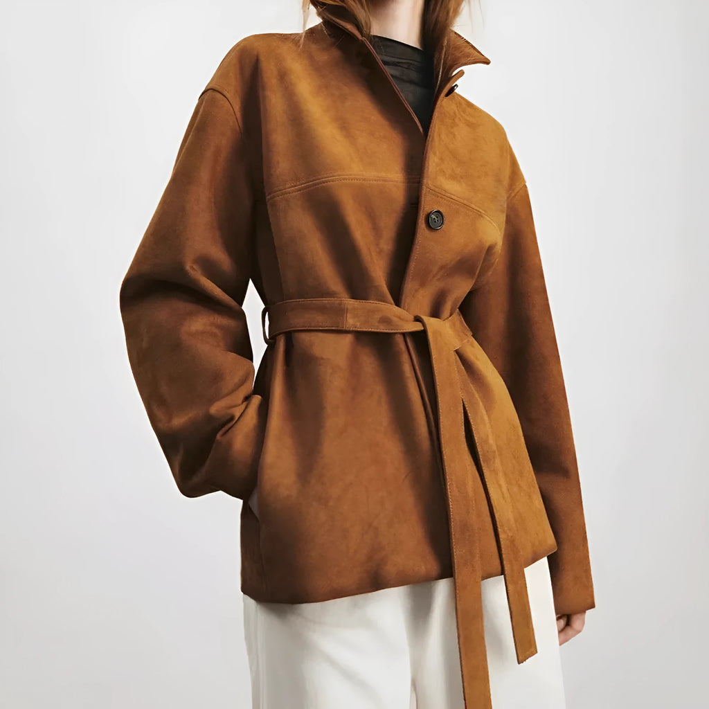 Women's loose fit mid-length cashmere coat with Peter Pan collar in caramel mocha colour