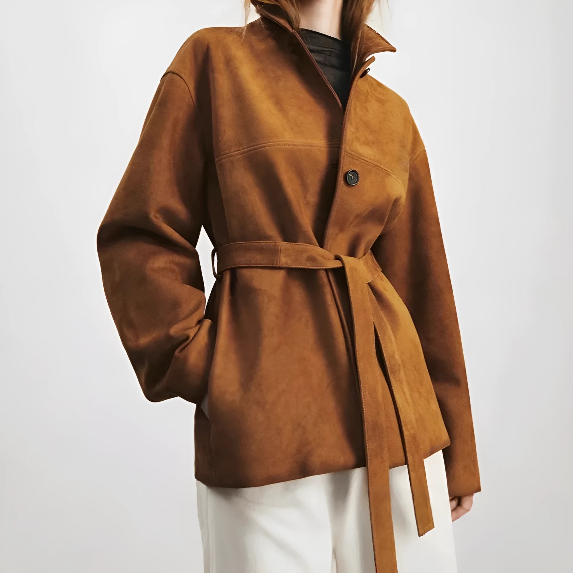 Women's loose fit mid-length cashmere coat with Peter Pan collar in caramel mocha colour