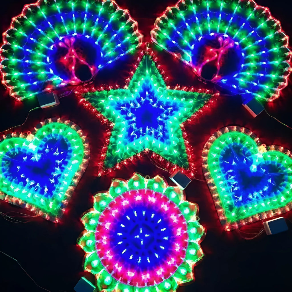 Outdoor Christmas festival string lights with decorative peacock, heart, sunflower, and star shaped plastic lamp covers